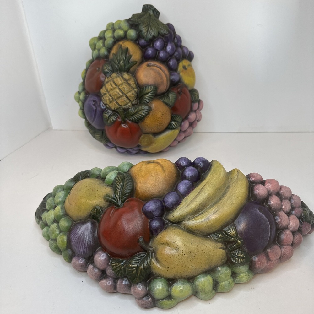 Vintage Set of 2 Fruit Basket Wall Decor Art Pocket Vase & Decorative Shelf